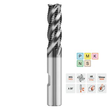 HSS PM Schruppfräser Typ HR Ø 12mm 30°Z4 / HB-Schaft Ø 12mm / GL=96mm / SL=39mm
