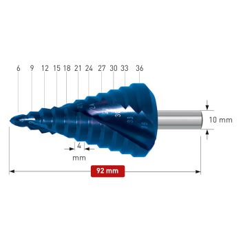 Stufenbohrer HSS-XE Blue-Dur beschichtetØ 6 - 36 mm, Stufe 4mm, mit Spirale