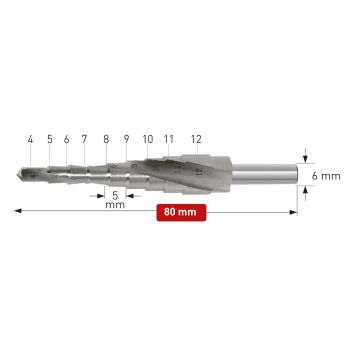 Stufenbohrer HSS-XE unbeschichtetØ 4 - 12 mm, Stufe 5mm, mit Spirale