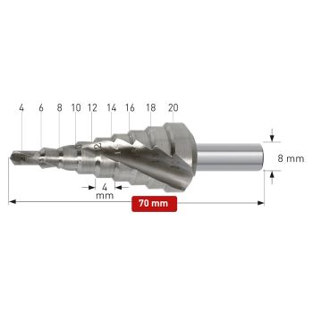 Stufenbohrer HSS-XE unbeschichtetØ 4 - 20 mm, Stufe 4mm, mit Spirale