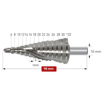 Stufenbohrer HSS-XE unbeschichtetØ 6 - 32 mm, Stufe 4mm, mit Spirale