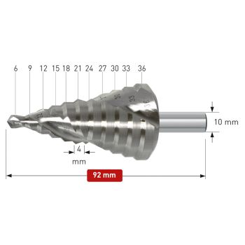 Stufenbohrer HSS-XE unbeschichtetØ 6 - 36 mm, Stufe 4mm, mit Spirale