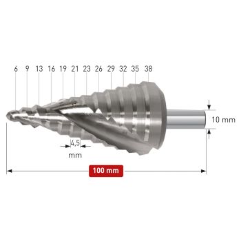 Stufenbohrer HSS-XE unbeschichtetØ 6 - 38 mm, Stufe 4,5mm, mit Spirale