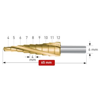 Stufenbohrer HSS-XE TiN-GOLD beschichtetØ 4 - 12 mm, Stufe 4mm, mit Spirale