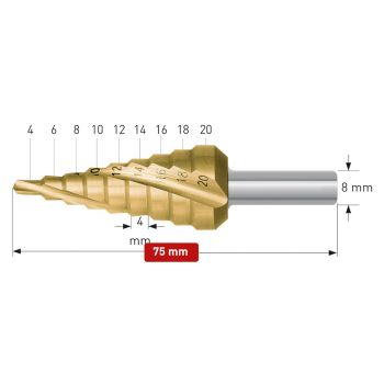 Stufenbohrer HSS-XE TiN-GOLD beschichtetØ 4 - 20 mm, Stufe 4mm, mit Spirale