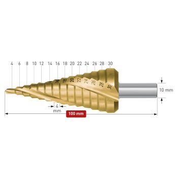 Stufenbohrer HSS-XE TiN-GOLD beschichteØ 4 - 30 mm, Stufe 4mm, mit Spirale