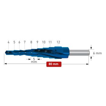 Stufenbohrer HSS-XE Blue-Dur beschichtetØ 4 - 12 mm, Stufe 5mm, mit Spirale