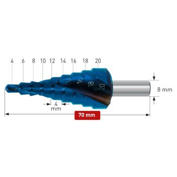Stufenbohrer HSS-XE Blue-Dur beschichtetØ 4 - 20 mm, Stufe 4mm, mit Spirale