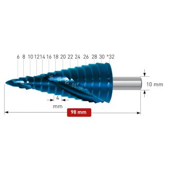 Stufenbohrer HSS-XE Blue-Dur beschichtetØ 6 - 32 mm, Stufe 2mm, mit Spirale