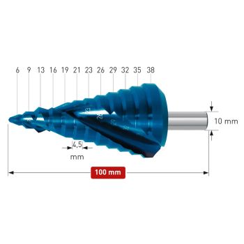 Stufenbohrer HSS-XE Blue-Dur beschichtetØ 6 - 38 mm, Stufe 4,5mm, mit Spirale
